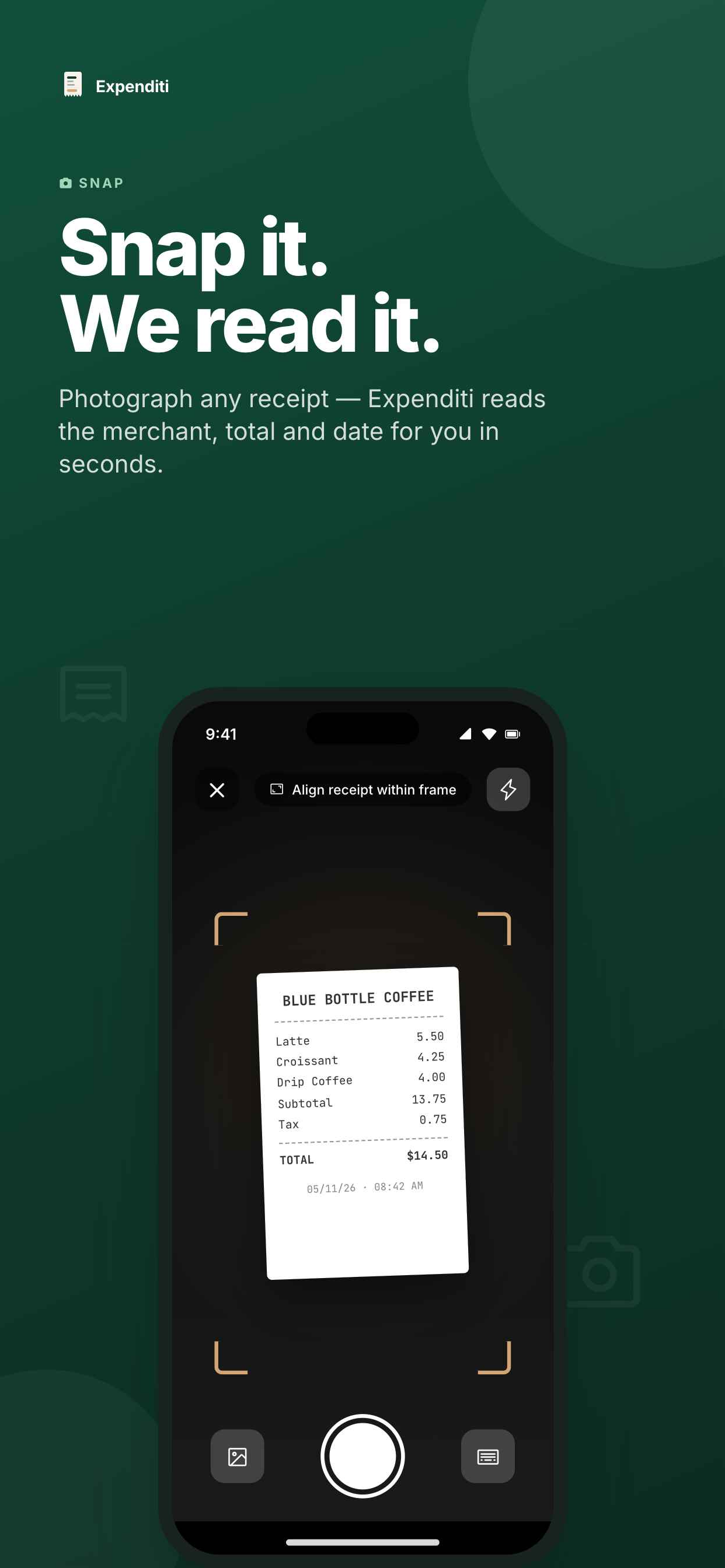 Expenditi camera screen scanning a receipt — snap it, we read it