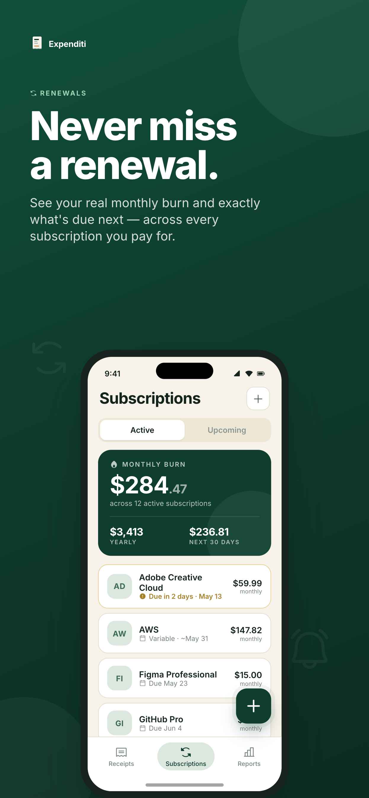 Expenditi subscriptions screen showing monthly burn and upcoming renewals