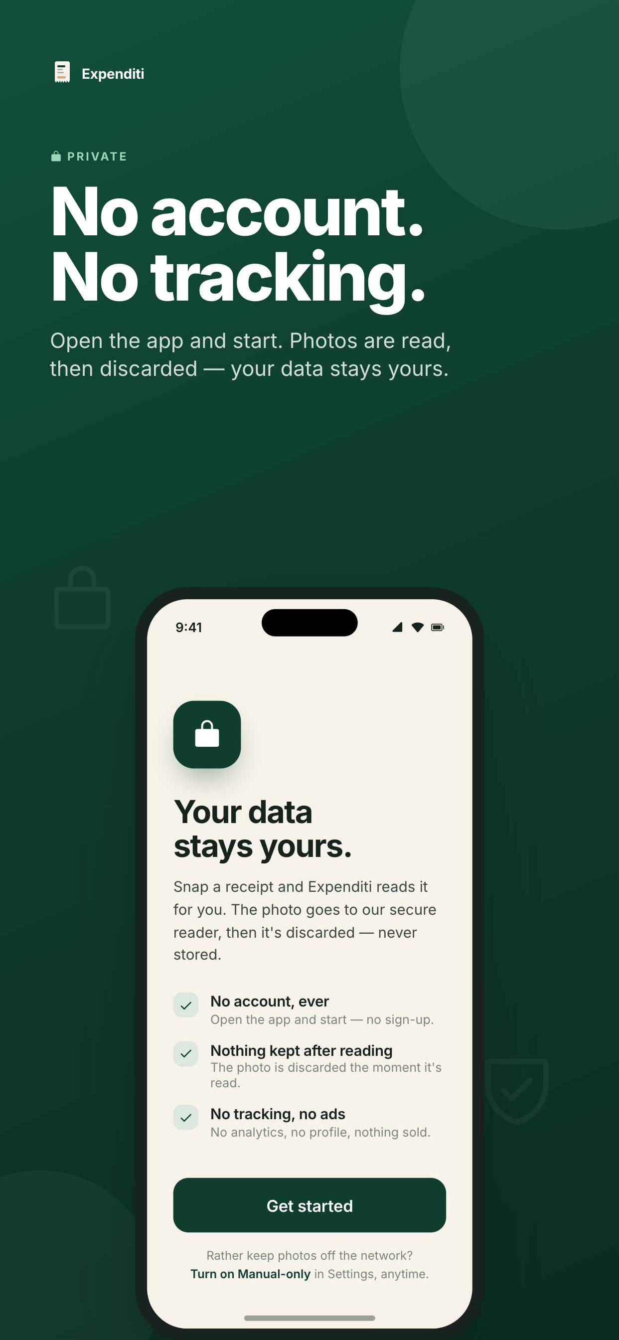 Expenditi privacy screen — no account, no tracking